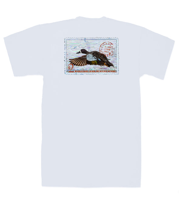 Duck Stamp Dawn Grey t-shirt with a duck stamp design on the back against a white background