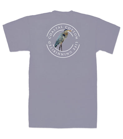 Heron Eventide Gray t-shirt with a bird graphic and text on the back against a white background