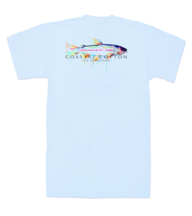 Trout Sky Blue  t-shirt with colorful fish graphic and text on a white background