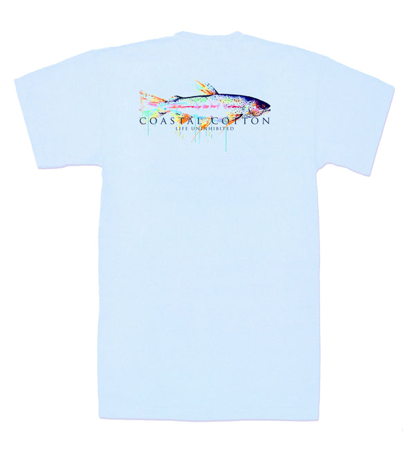 Trout Sky Blue  t-shirt with colorful fish graphic and text on a white background